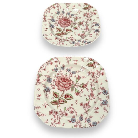 Johnson Bros England Salad Plates Pink Red Rose Chintz Square Lot of 2 New - Picture 1 of 6